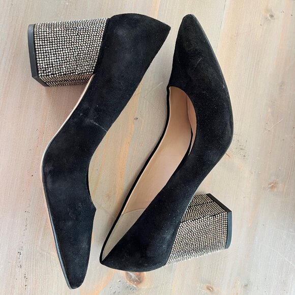 Karl Largerfeld Black Suede Rhinestone Block Heel Pumps - Picture 4 of 8